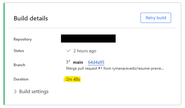 Screenshot of build details showing a successful build for the 'main' branch. The build duration is highlighted as 2 minutes and 48 seconds, and there is an option to retry the build.